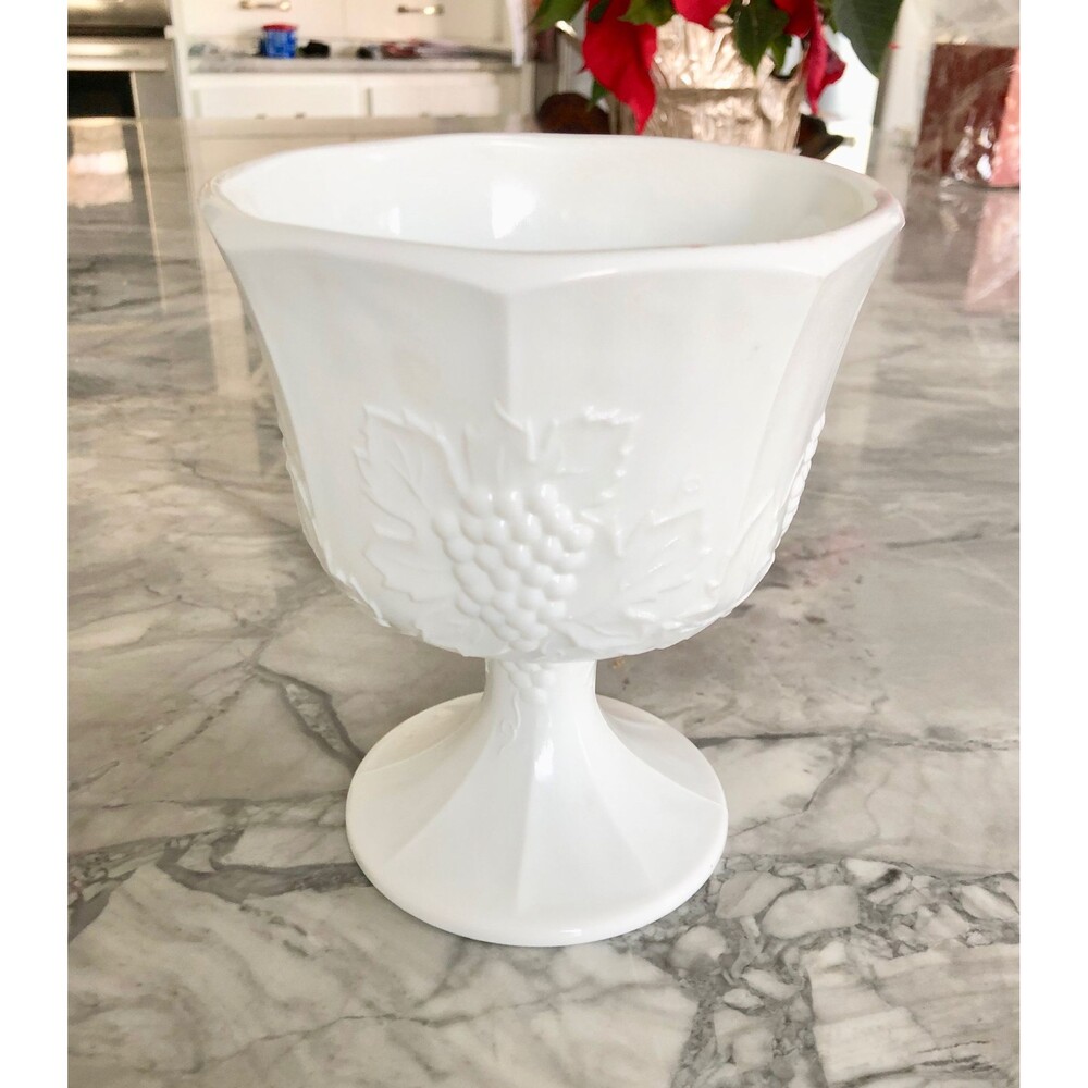Vintage Milk Glass Footed Compote, Anchor Hocking Grapes and Leaves Pattern